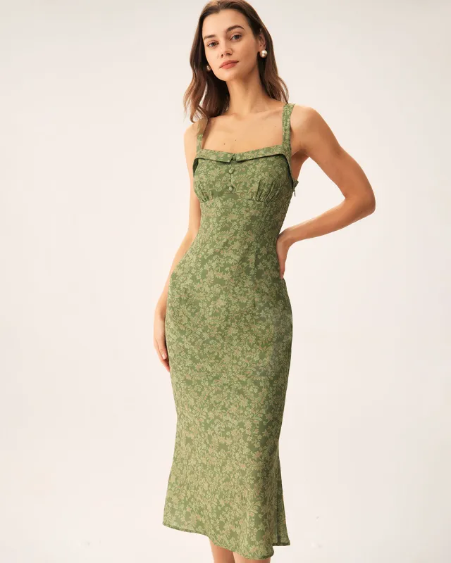 Green Floral Square Neck Slip Midi Dress sold by rihoas