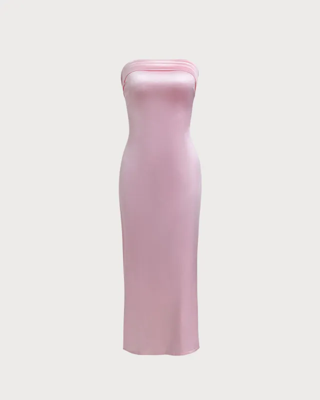 Pink Satin Strapless Maxi Dress sold by rihoas