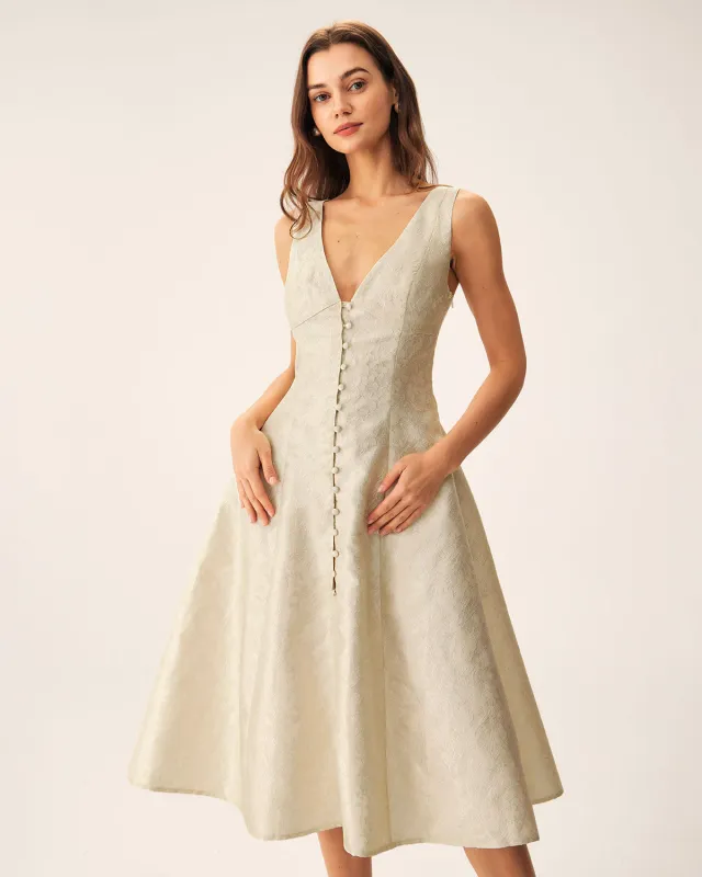 Apricot V-Neck Textured Sleeveless Midi Dress sold by rihoas