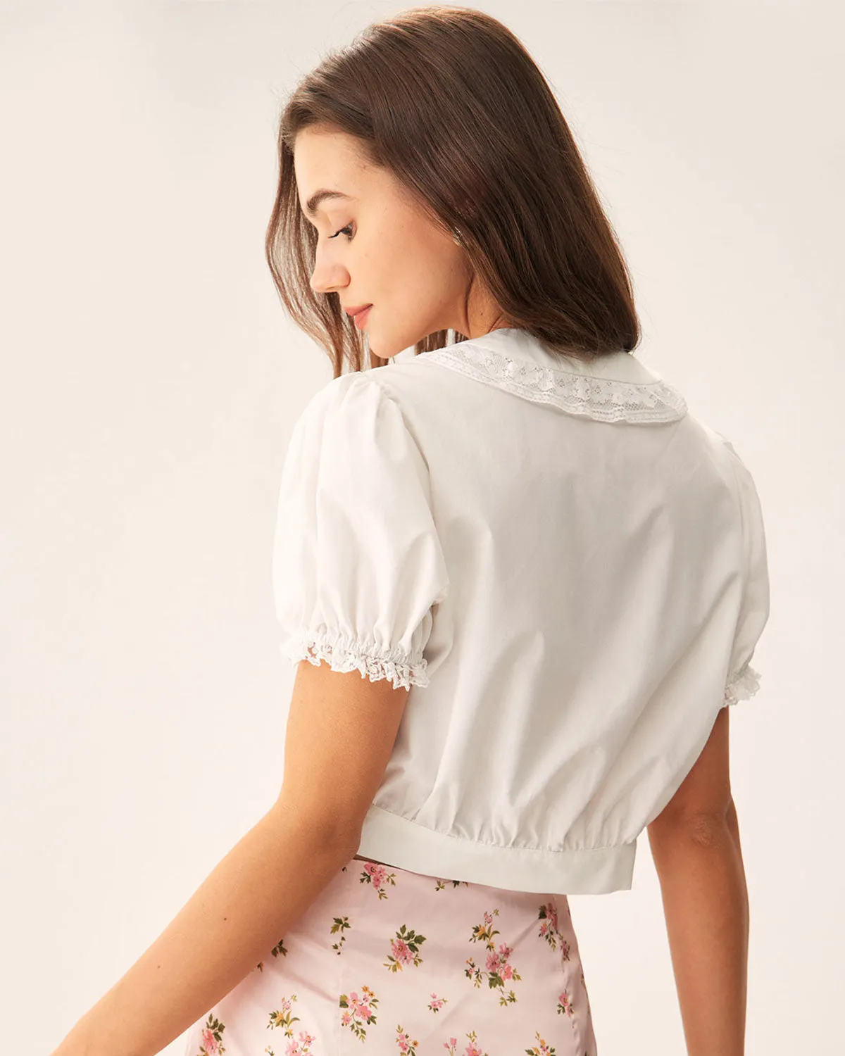 White Floral Puffed Sleeve Cropped Blouse sold by rihoas product image thumbnail 4