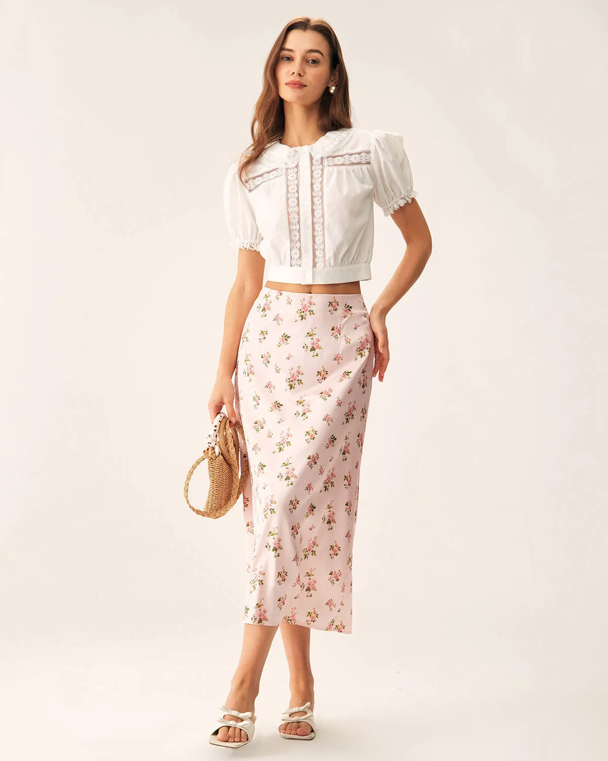 White Floral Puffed Sleeve Cropped Blouse sold by rihoas product image thumbnail 3