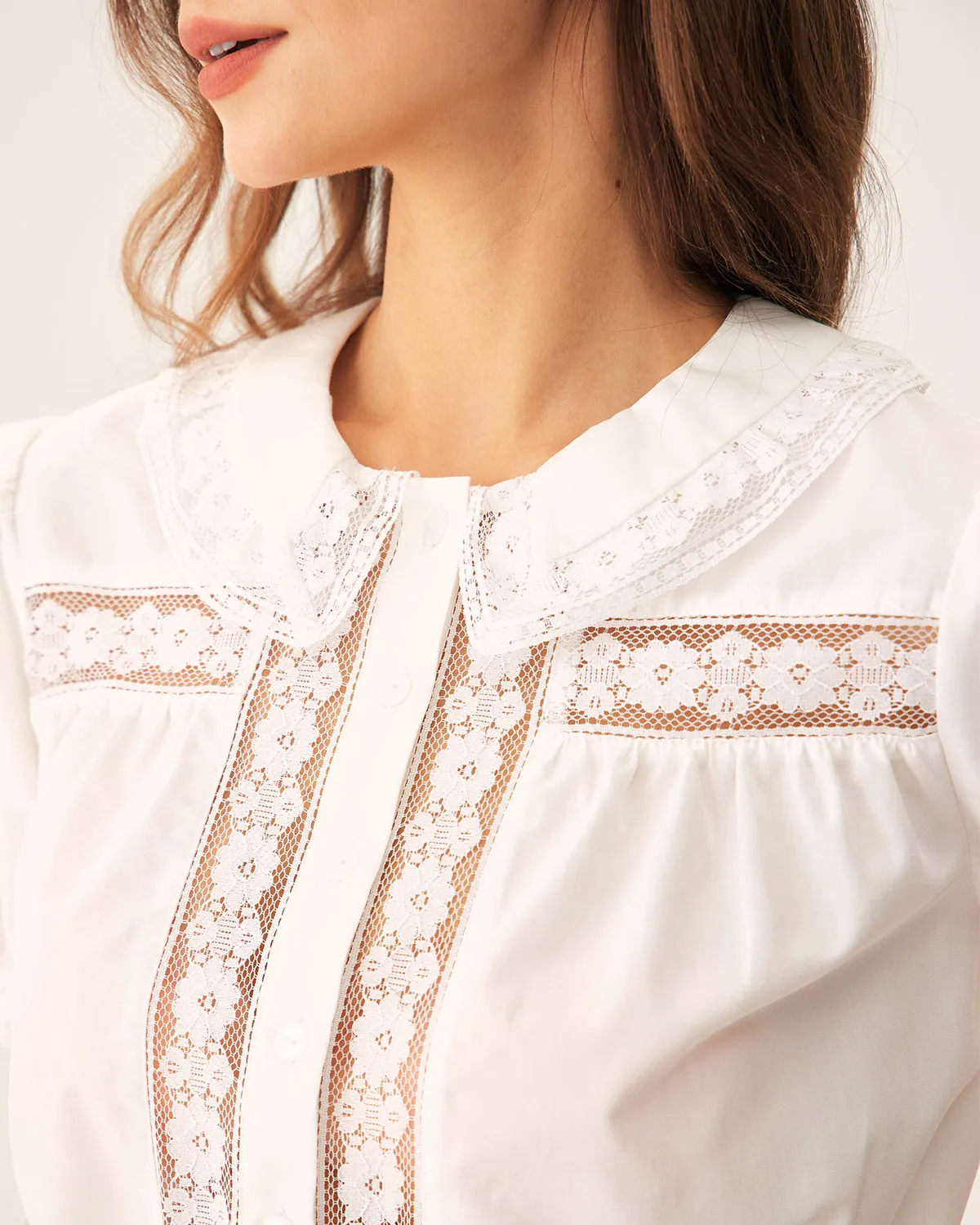 White Floral Puffed Sleeve Cropped Blouse sold by rihoas product image thumbnail 2