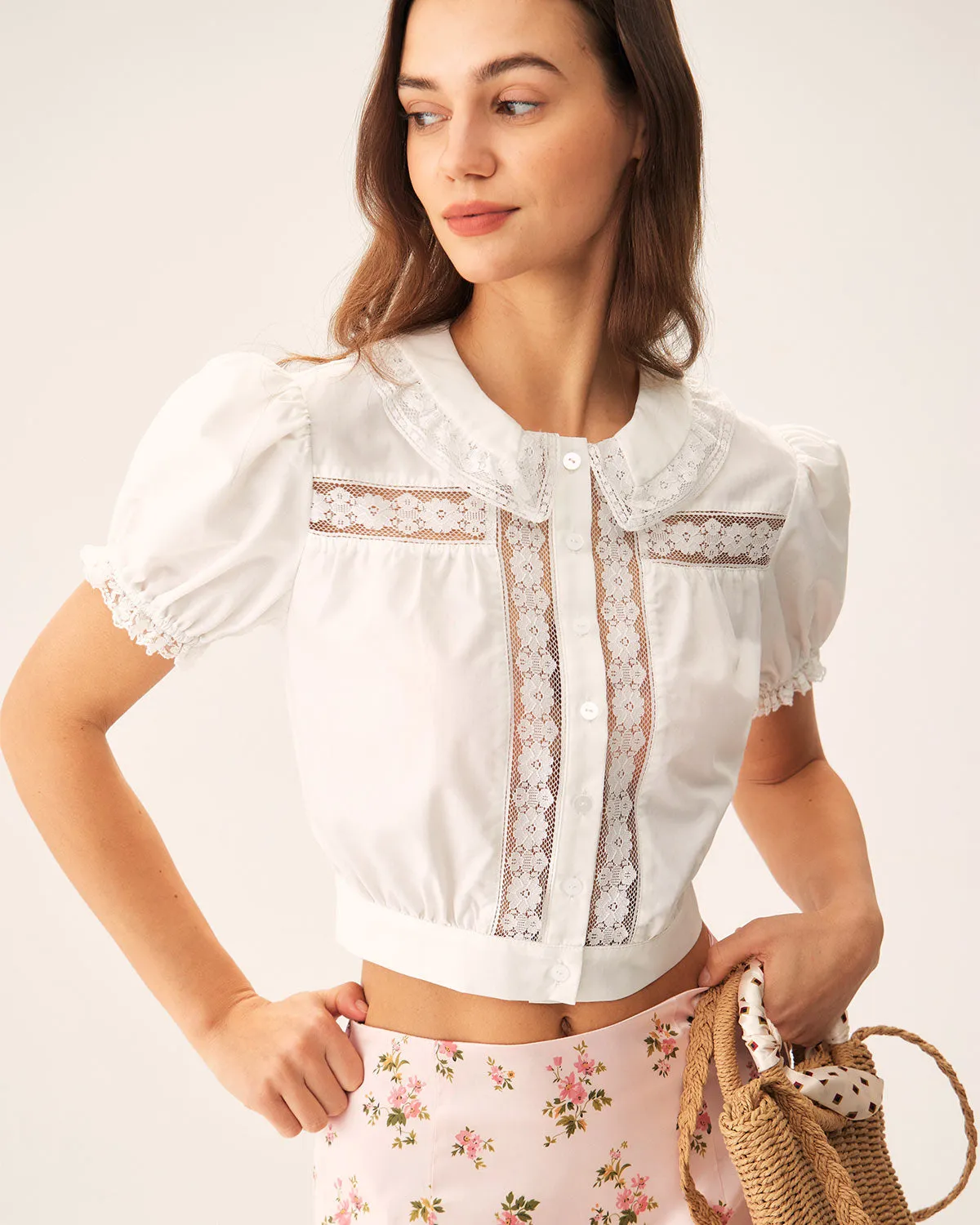 White Floral Puffed Sleeve Cropped Blouse sold by rihoas
