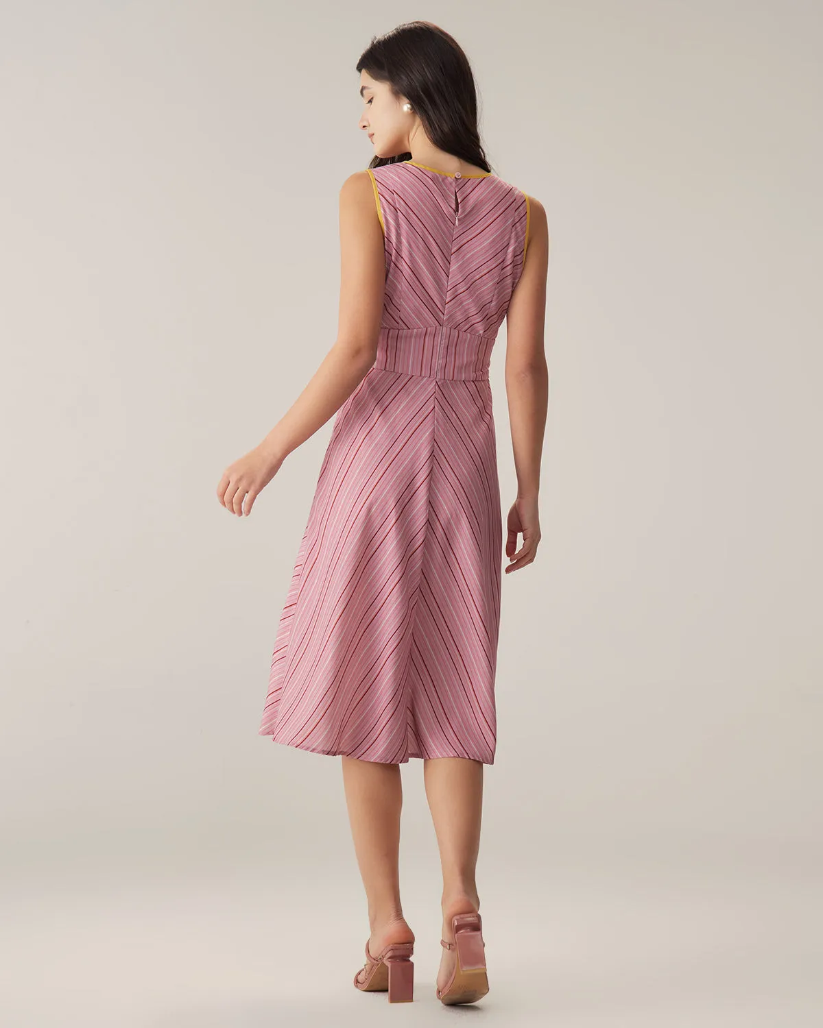 Pink Striped V Neck Sleeveless Midi Dresses sold by rihoas product image thumbnail 3