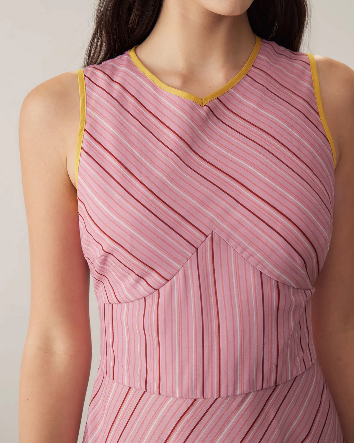 Pink Striped V Neck Sleeveless Midi Dresses sold by rihoas product image thumbnail 2
