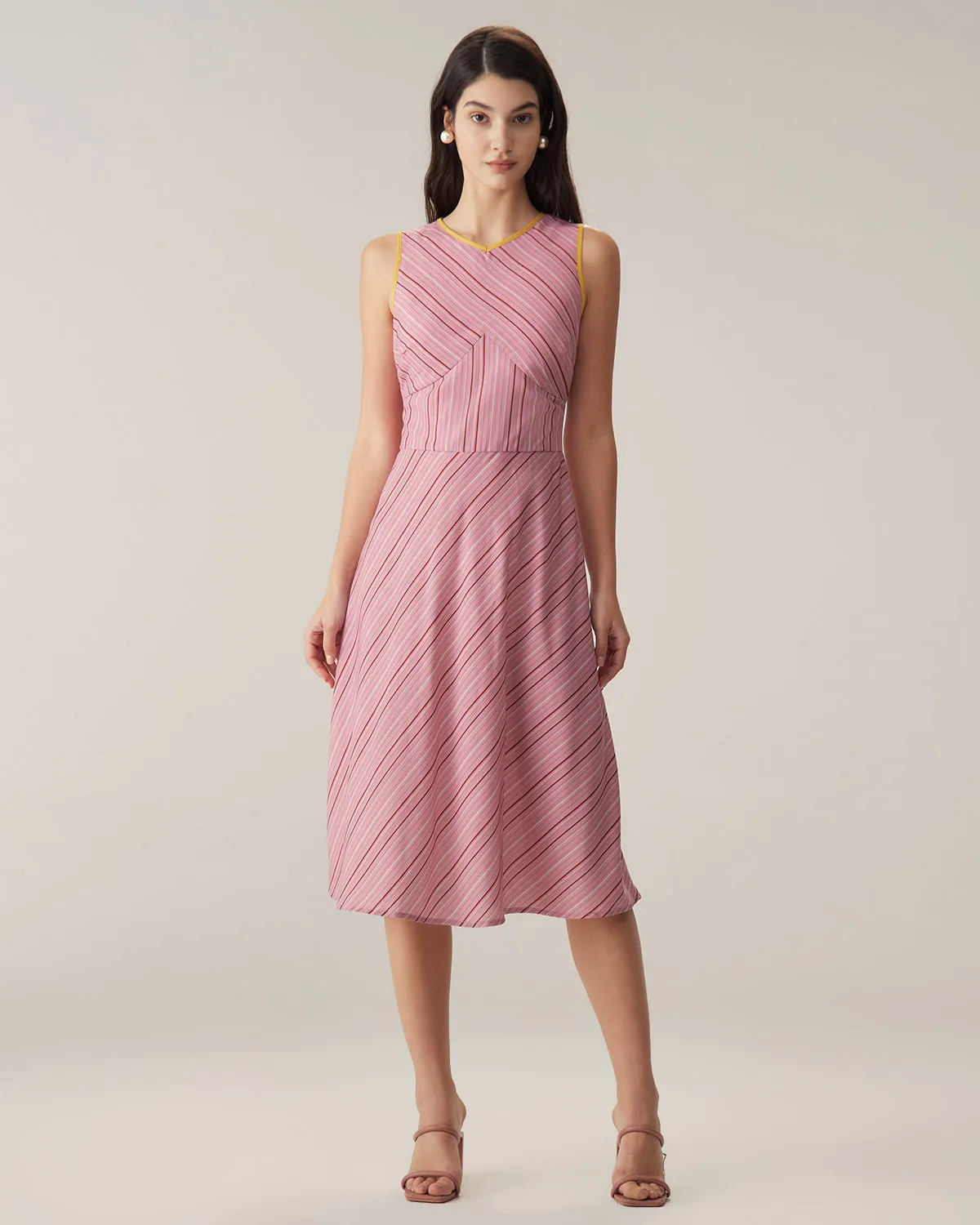 Pink Striped V Neck Sleeveless Midi Dresses sold by rihoas