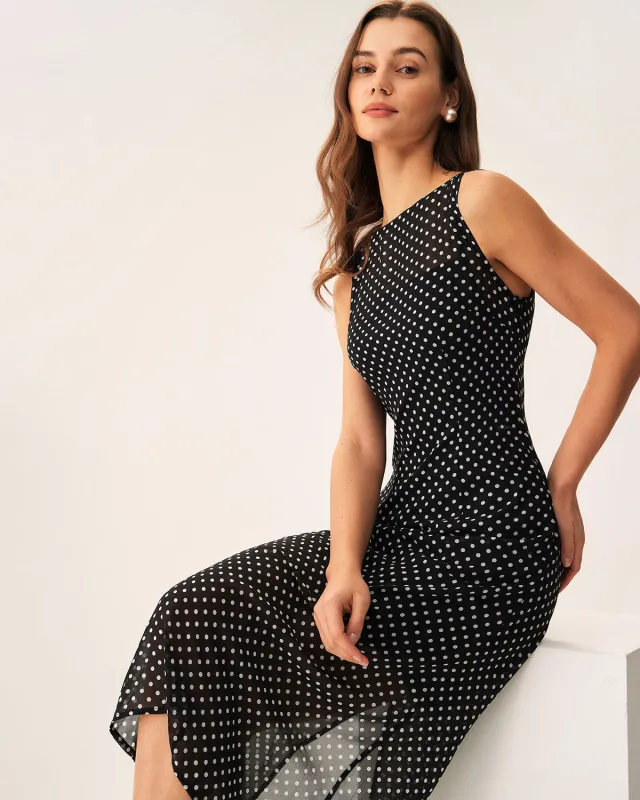 Black Polka Dot Boat Neck Midi Dress sold by rihoas