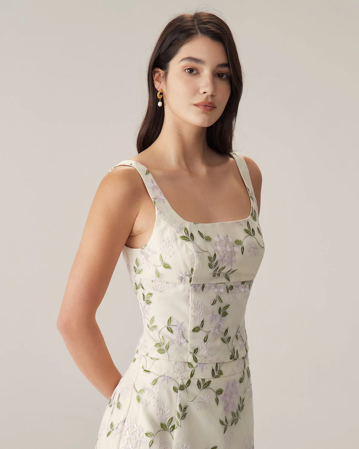 Beige Floral Slim Tank Top sold by rihoas product image thumbnail 4