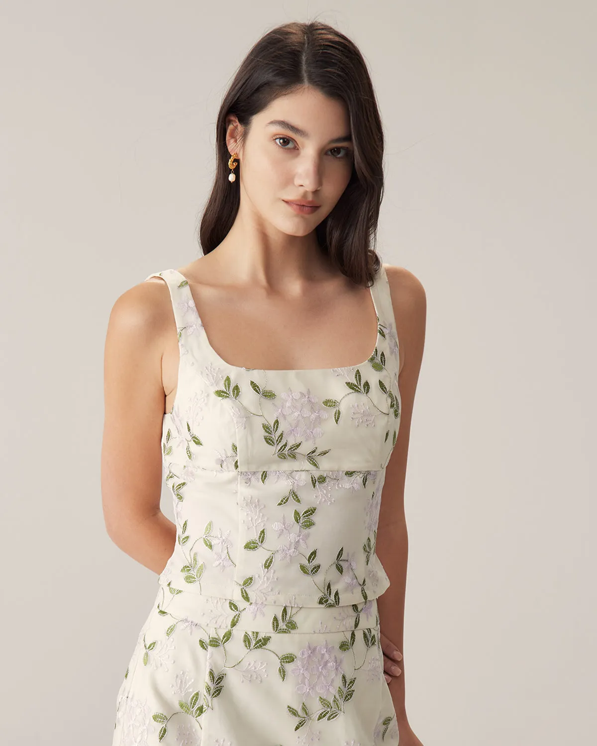 Beige Floral Slim Tank Top sold by rihoas