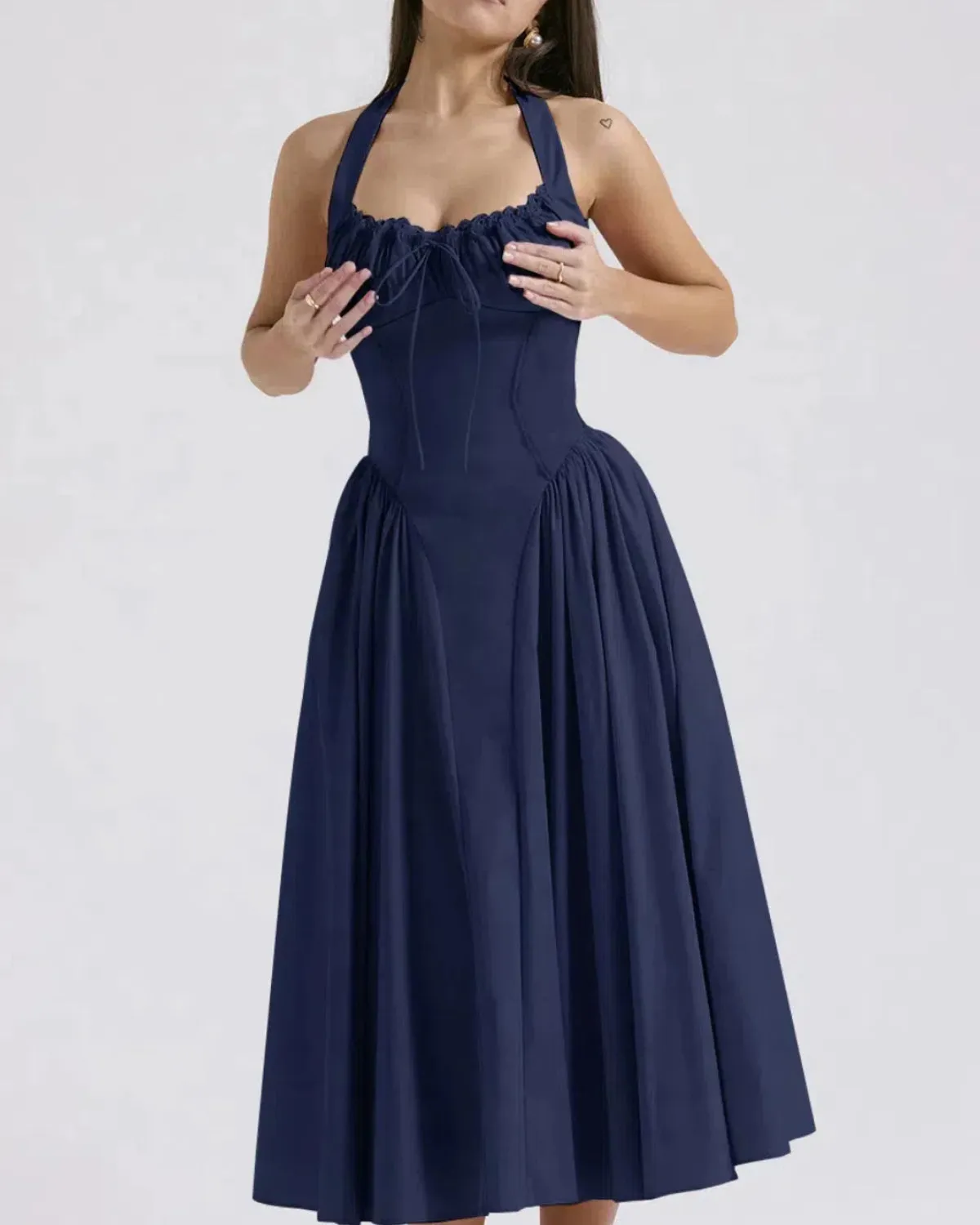 Navy Ruched Halter Midi Dress sold by rihoas product image thumbnail 2