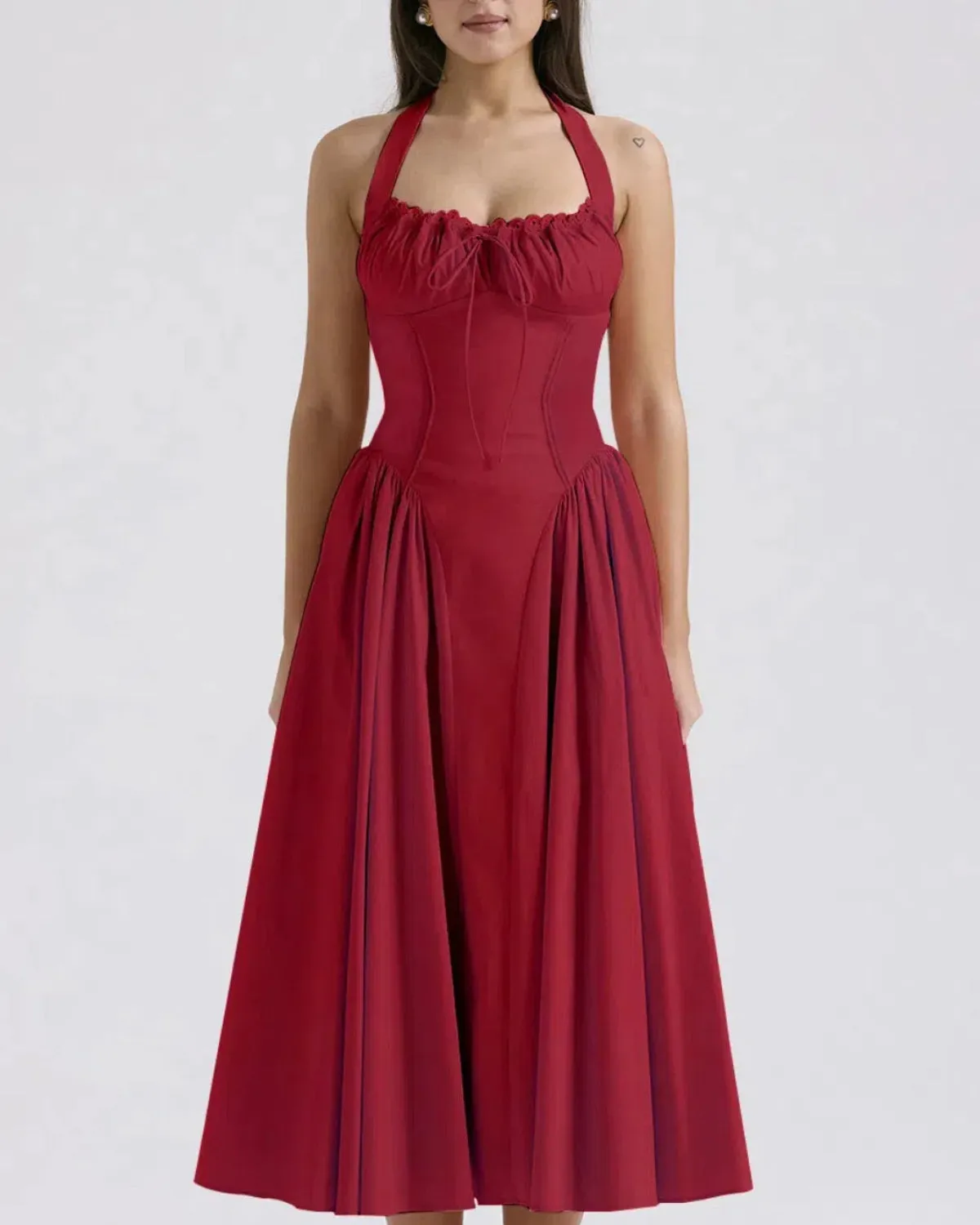 Red Ruched Halter Midi Dress sold by rihoas product image thumbnail 2