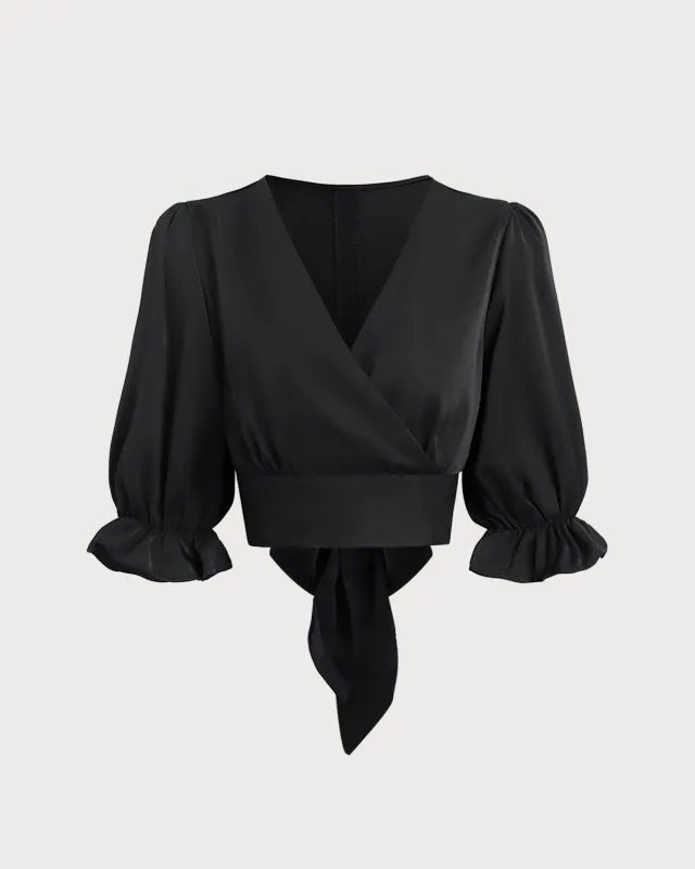Black Poet Sleeve V-Neck Cropped Blouse sold by rihoas