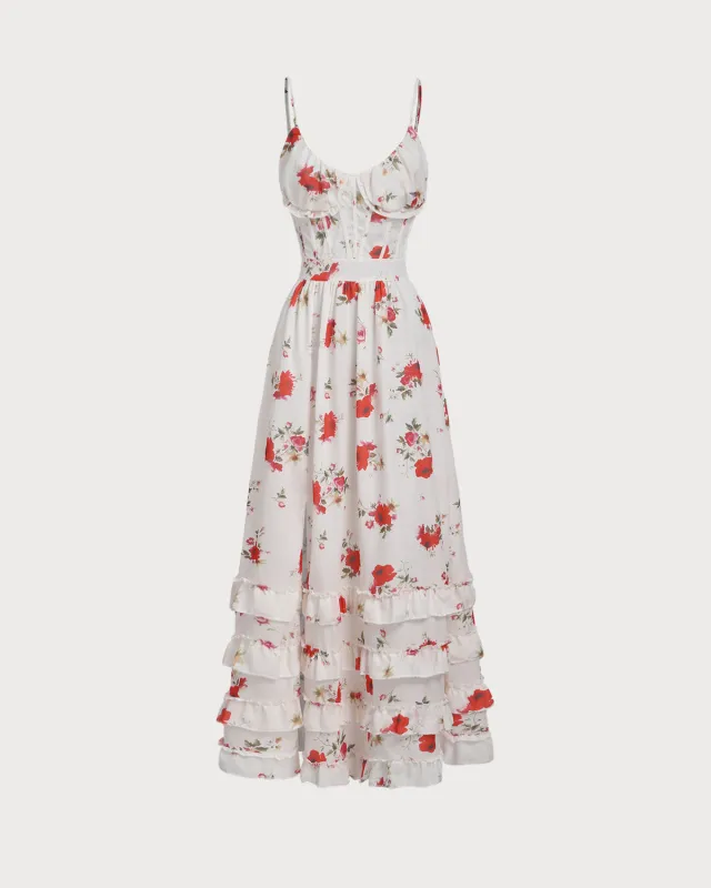 White Floral Ruffle Slip Maxi Dress sold by rihoas