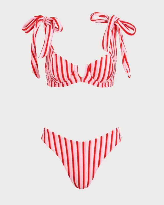 Pink Striped Tie Strap Bikini Set sold by rihoas