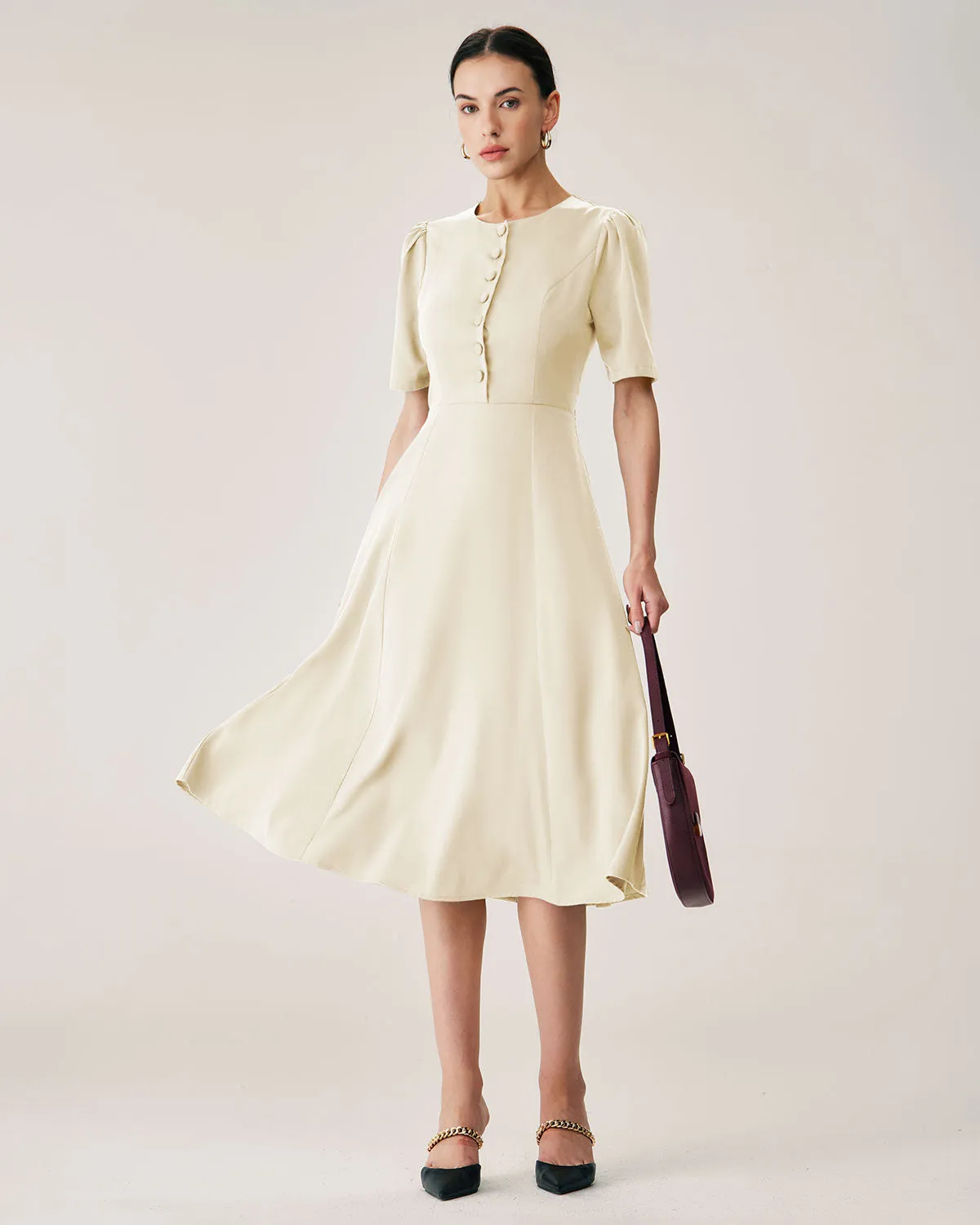 Beige Puffed Sleeve Button Midi Dress sold by rihoas product image thumbnail 2