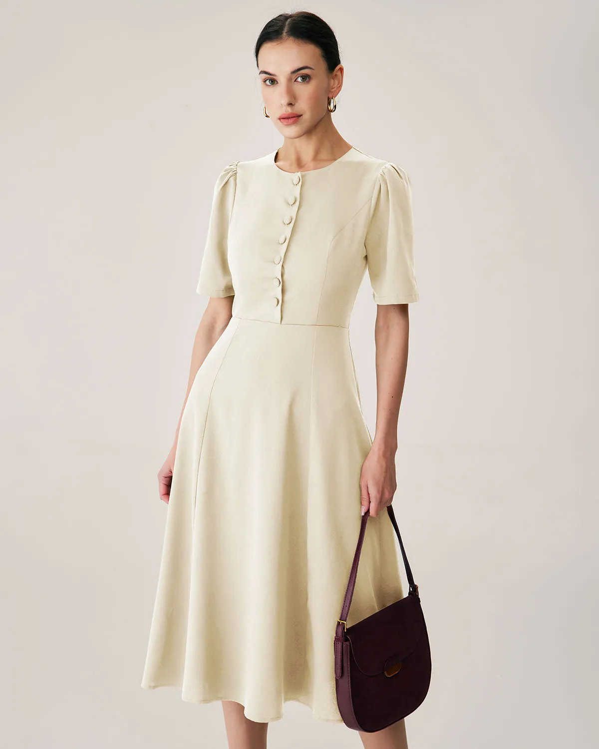 Beige Puffed Sleeve Button Midi Dress sold by rihoas