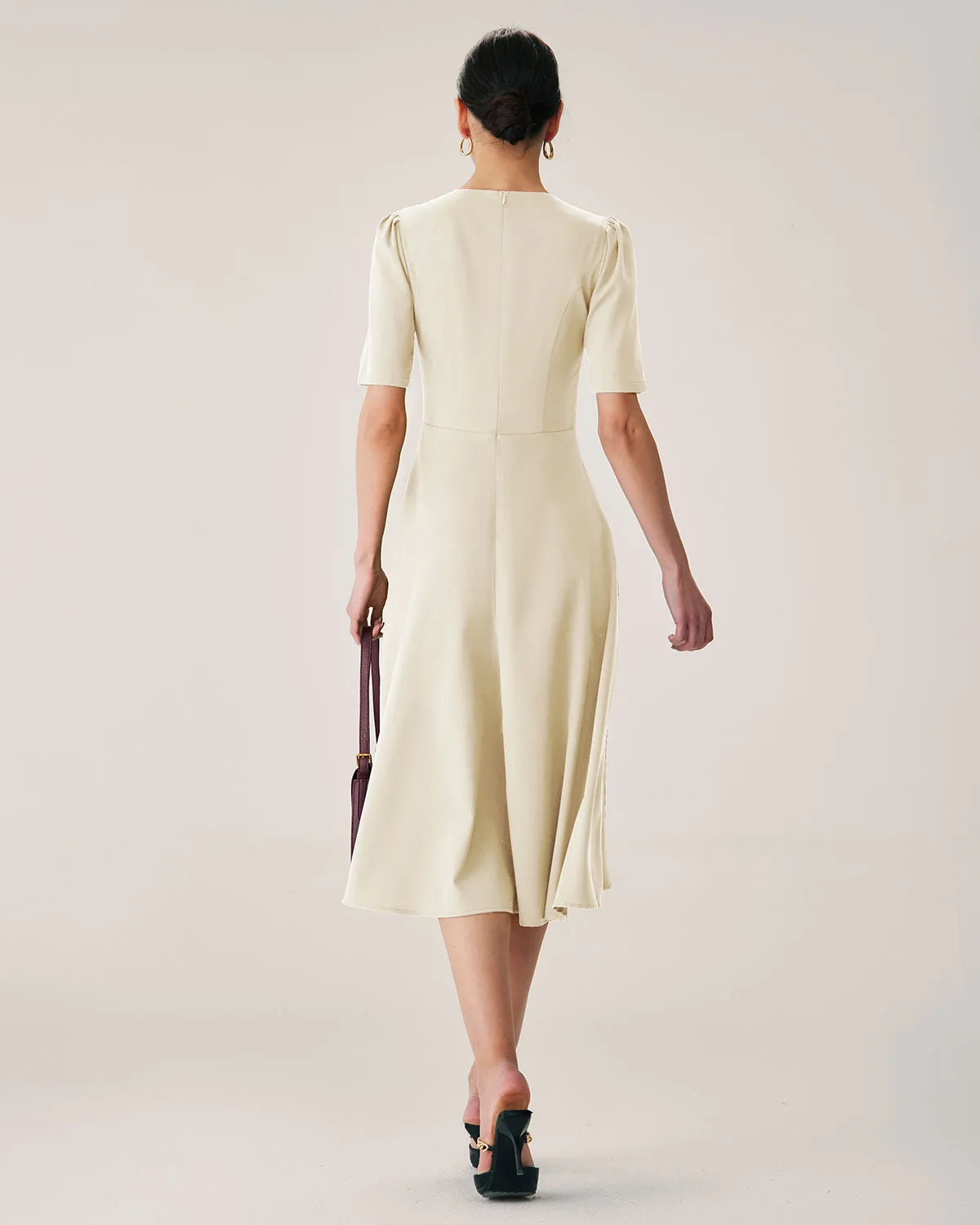 Beige Puffed Sleeve Button Midi Dress sold by rihoas product image thumbnail 3