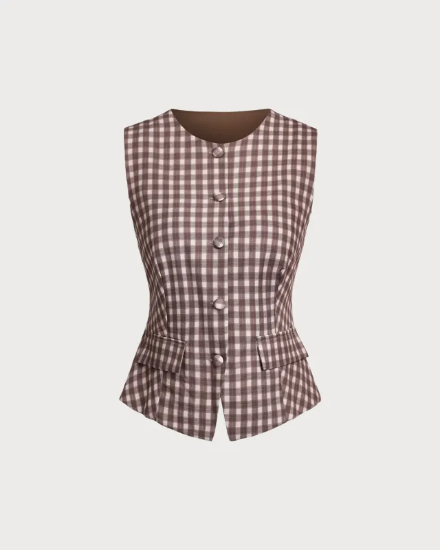 Brown Plaid Round Neck Vest sold by rihoas