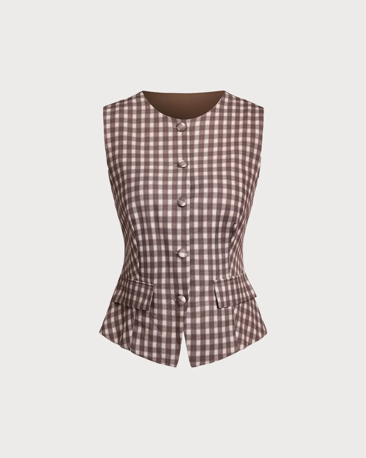 Brown Plaid Round Neck Vest sold by rihoas
