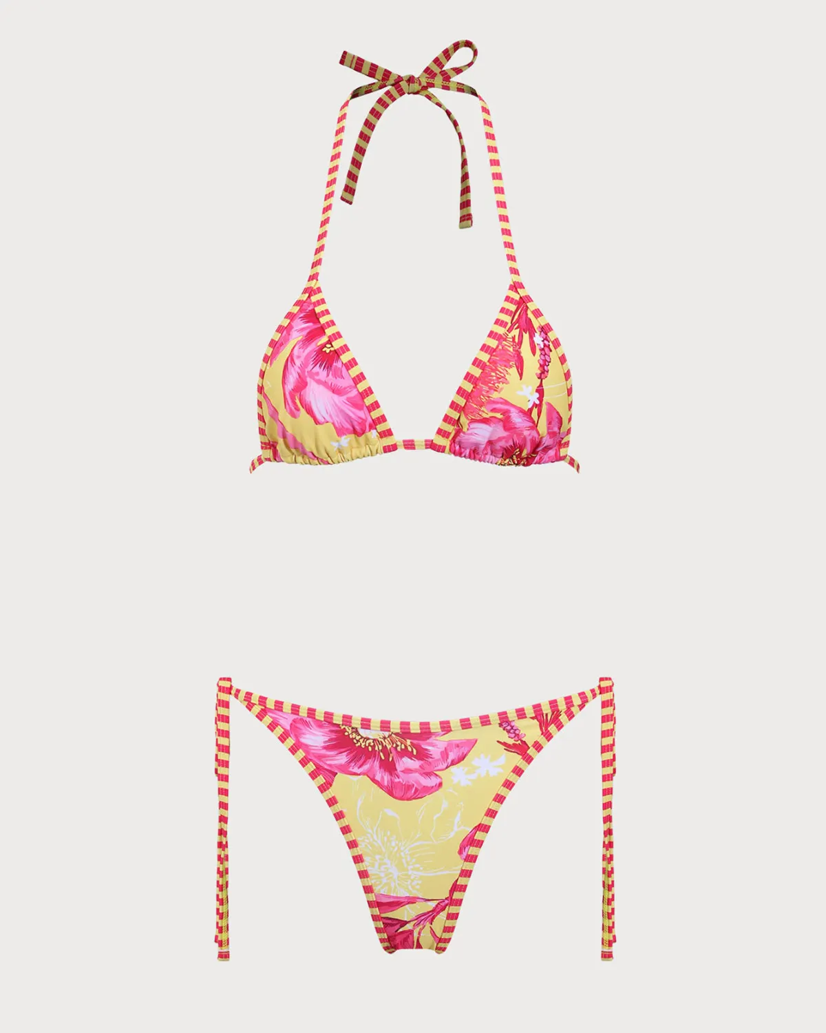 Yellow Floral Halter Drawstring Triangle Bikini Set sold by rihoas