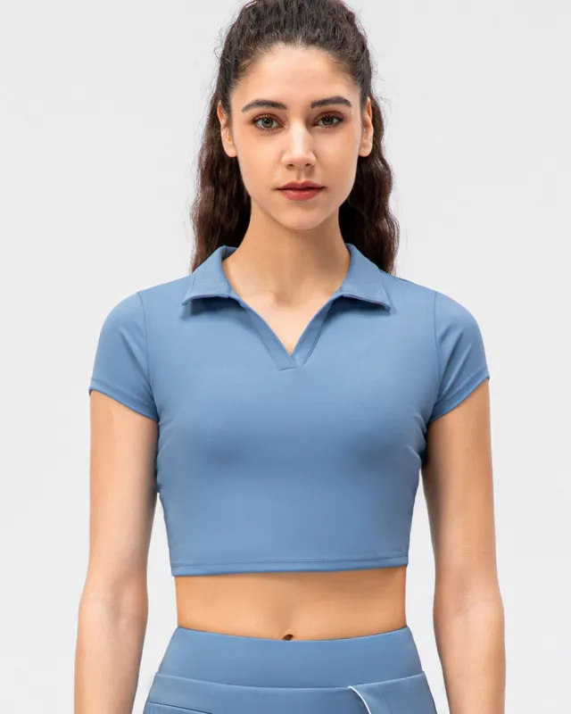 Blue Cropped Short Sleeve Yoga Top - Medium Support sold by rihoas