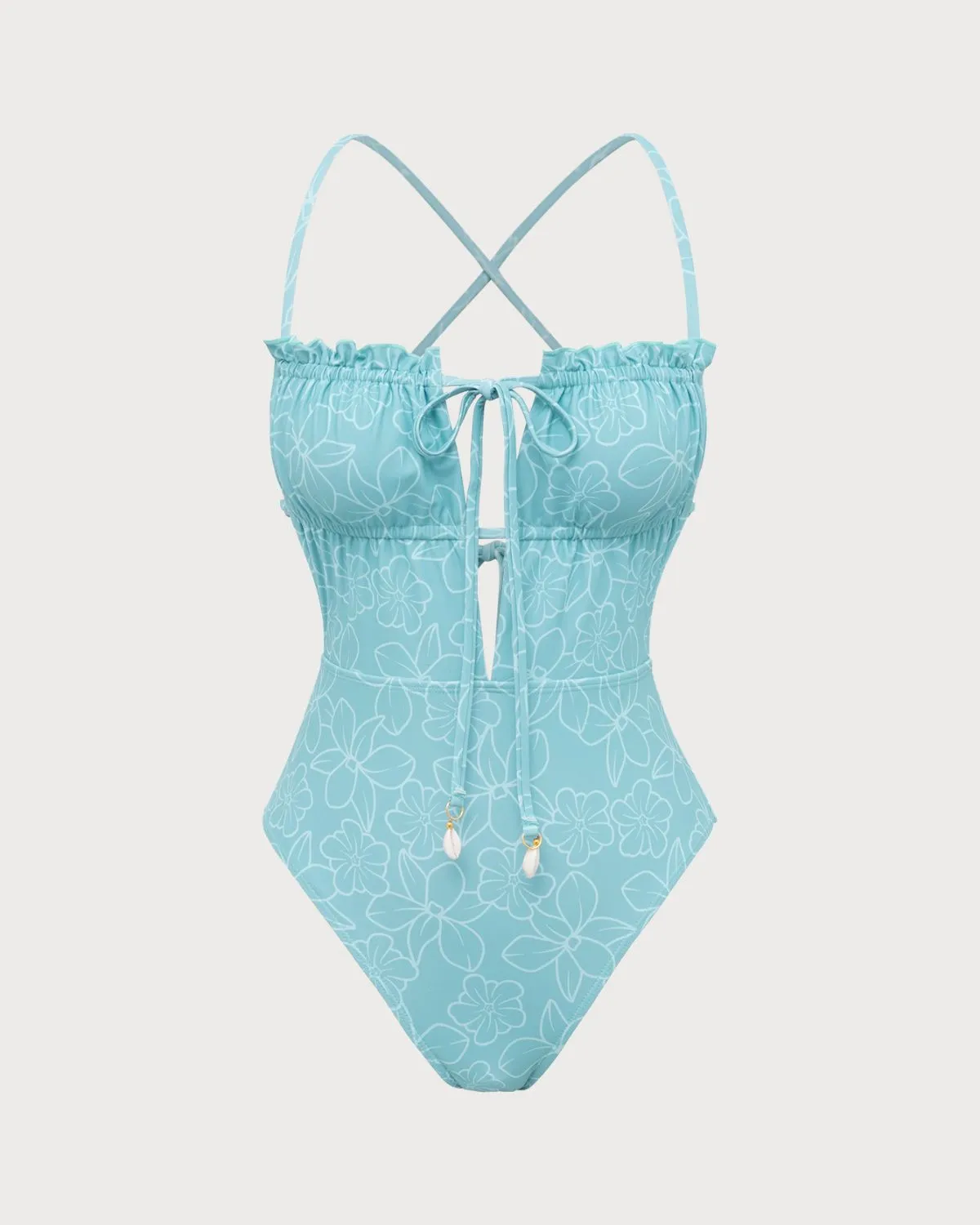 Blue Ruched Tie Front One-Piece Swimsuit sold by rihoas
