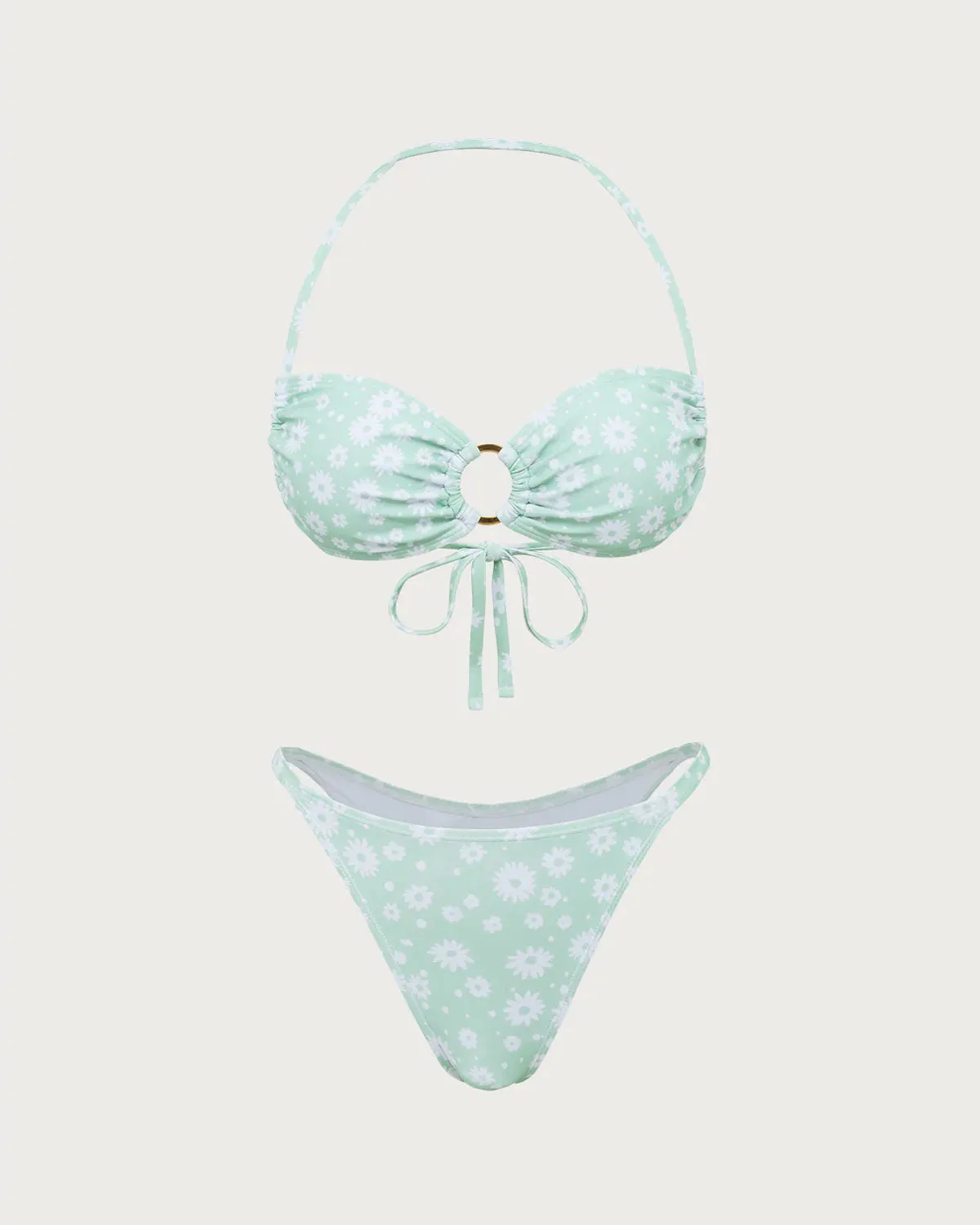 Green Floral O-Ring Halter Bikini Set sold by rihoas