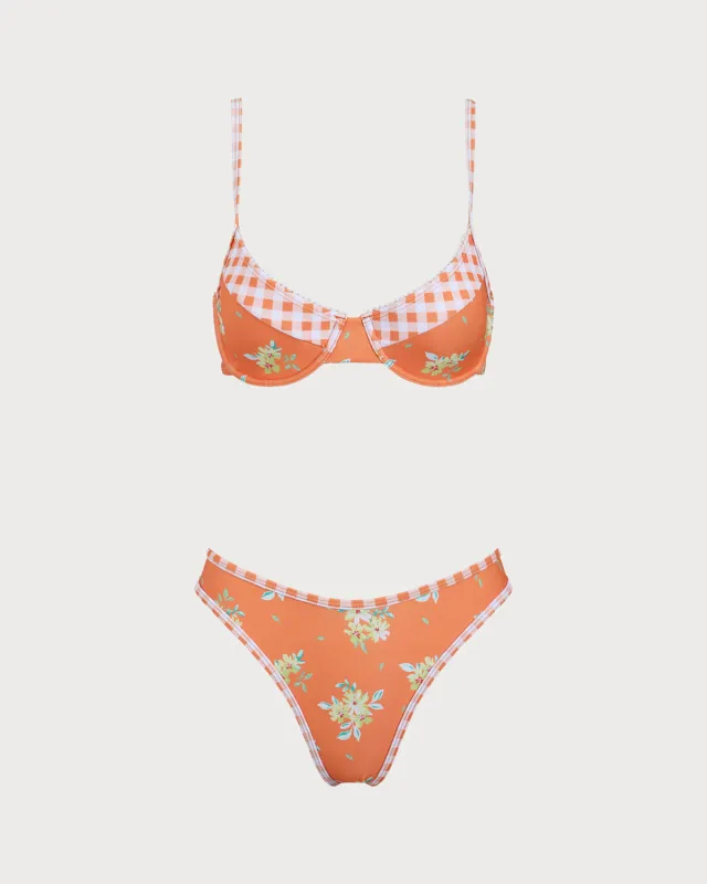 Orange Plaid Floral Underwire Bikini Set sold by rihoas