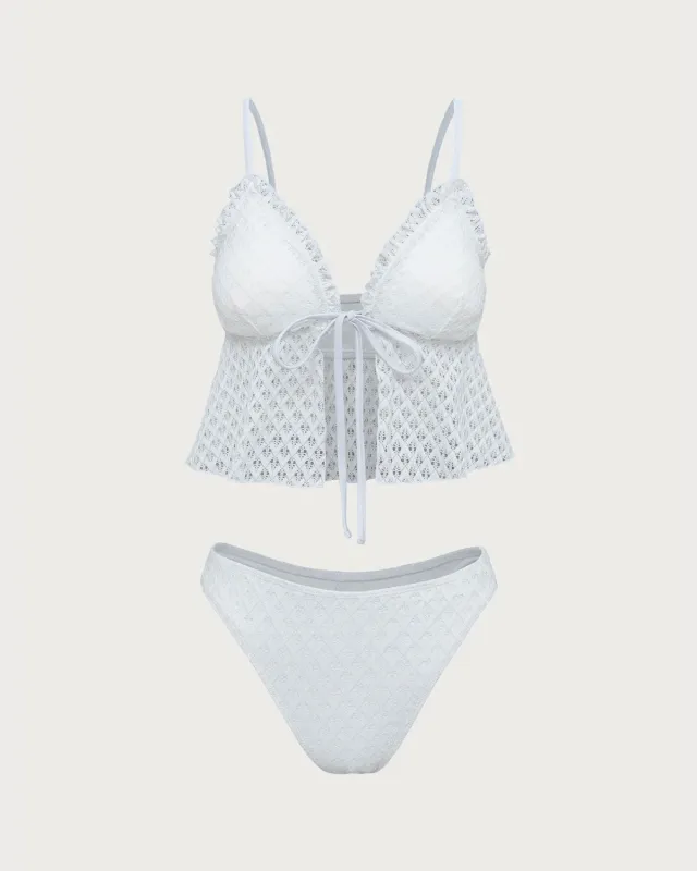 White Mesh Hollow Tankini Swimsuit sold by rihoas
