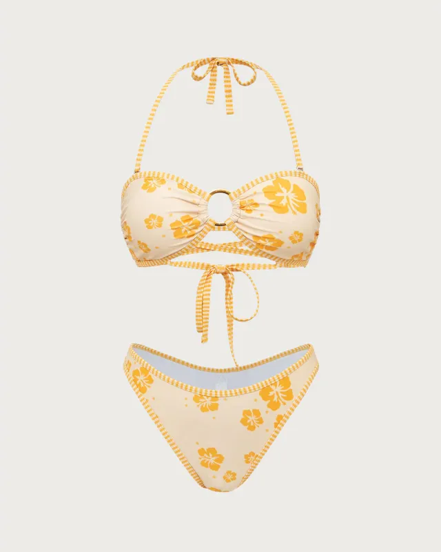 Yellow Floral Contrast Hoop Bikini Set sold by rihoas