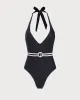 Black Contrast V-Neck One-Piece Swimsuit sold by rihoas