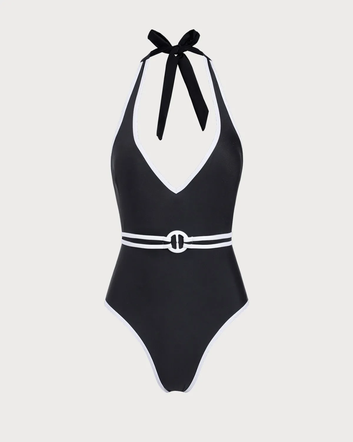 Black Contrast V-Neck One-Piece Swimsuit sold by rihoas