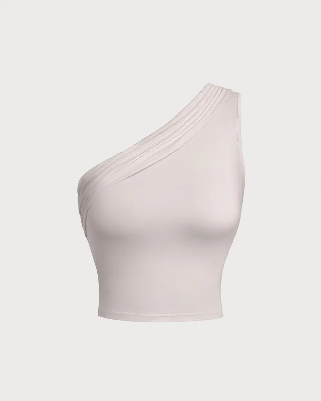 Beige Ruched One Shoulder Tank Top sold by rihoas