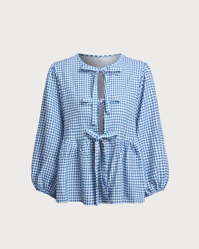 Blue Plaid Round Neck Bowknot Blouse sold by rihoas