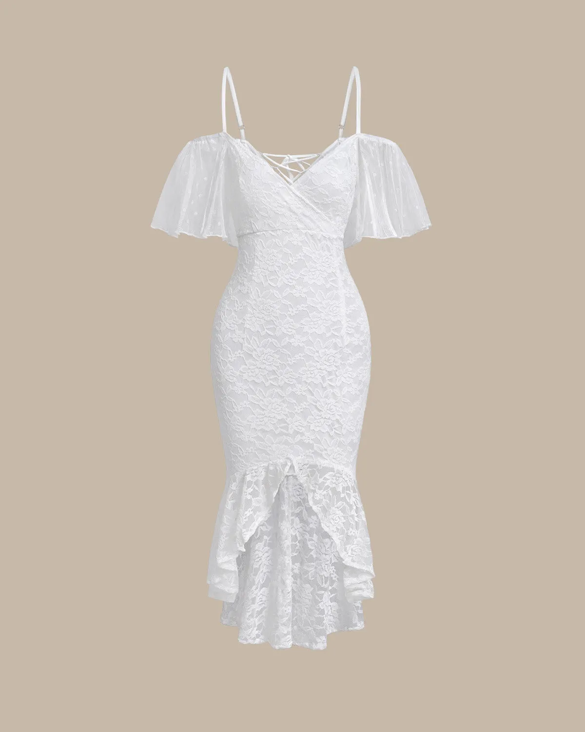 White Ruffle Backless Mermaid Midi Dress sold by rihoas