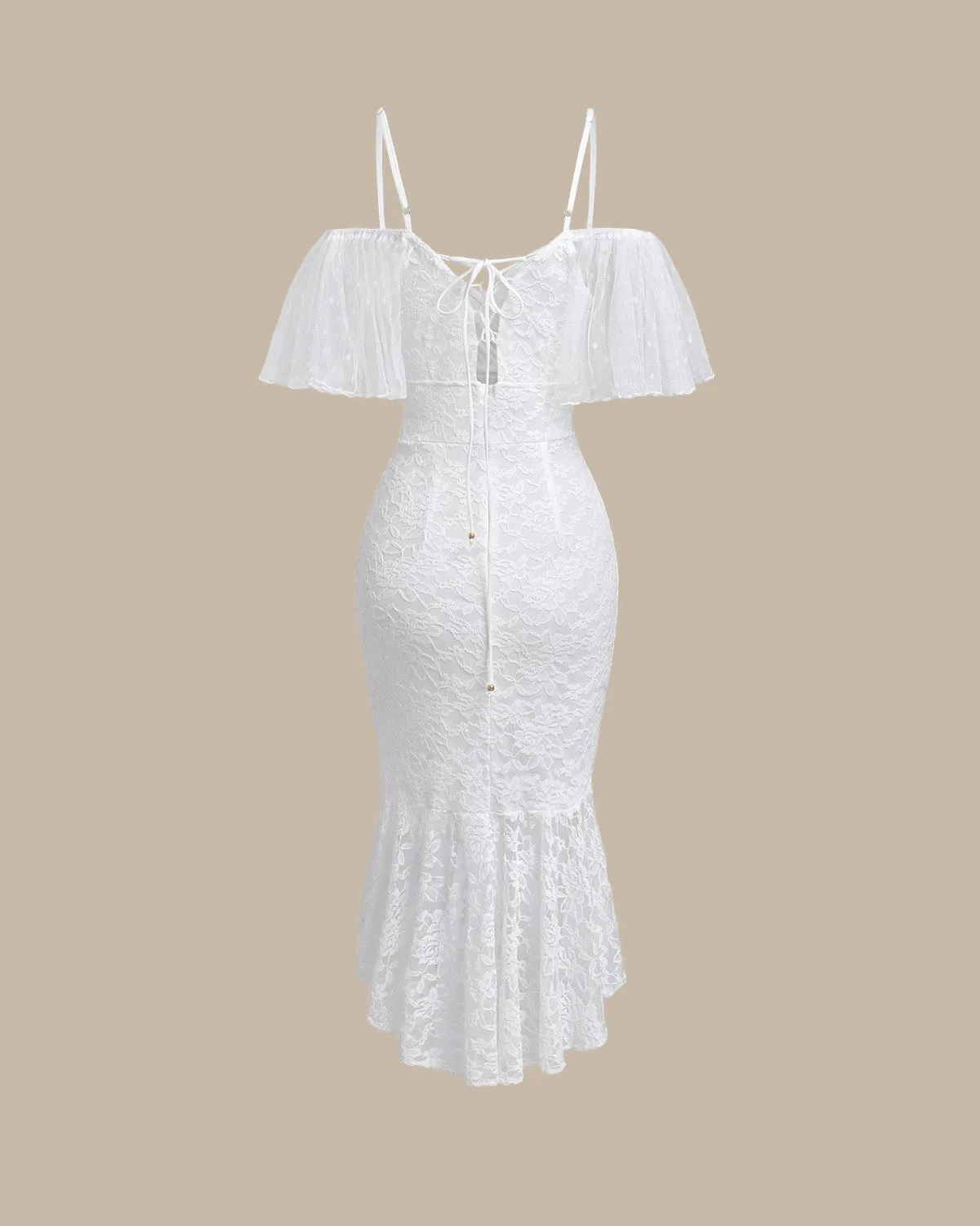 White Ruffle Backless Mermaid Midi Dress sold by rihoas product image thumbnail 2