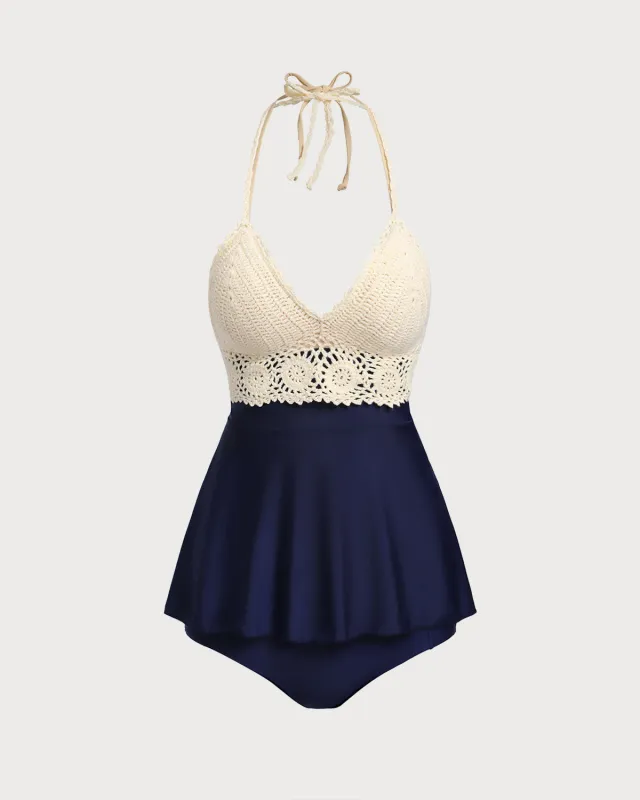Apricot Contrast Crochet Halter Tankins sold by rihoas