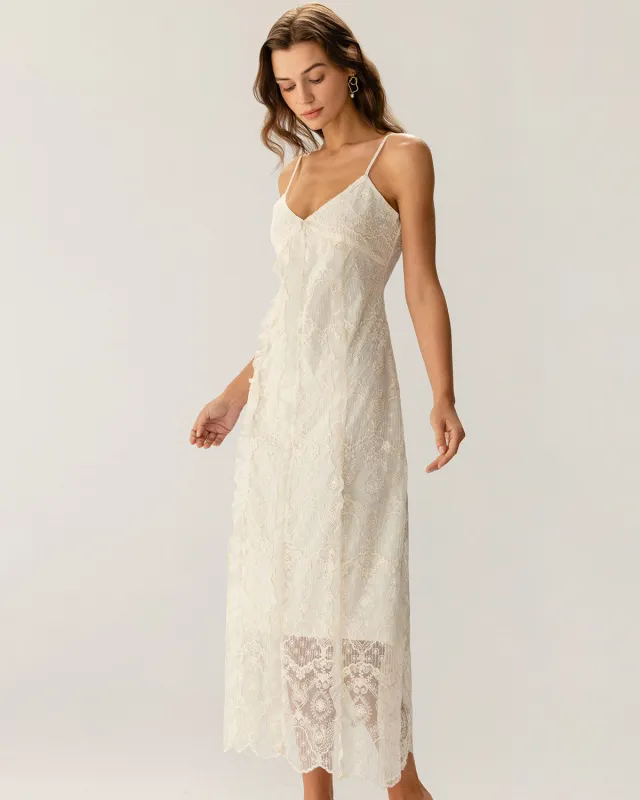 Apricot Textured Lace Slip Maxi Dresses sold by rihoas