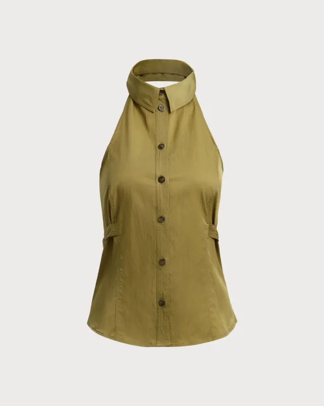 Green Backless Halter Button Blouse sold by rihoas