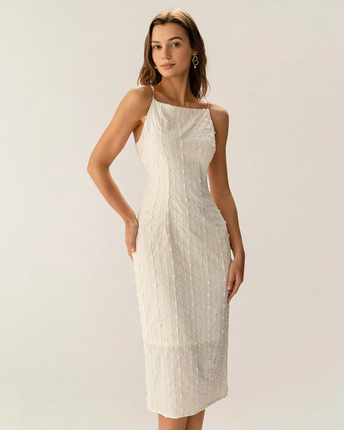 Beige Textured Beaded Slip Midi Dress sold by rihoas