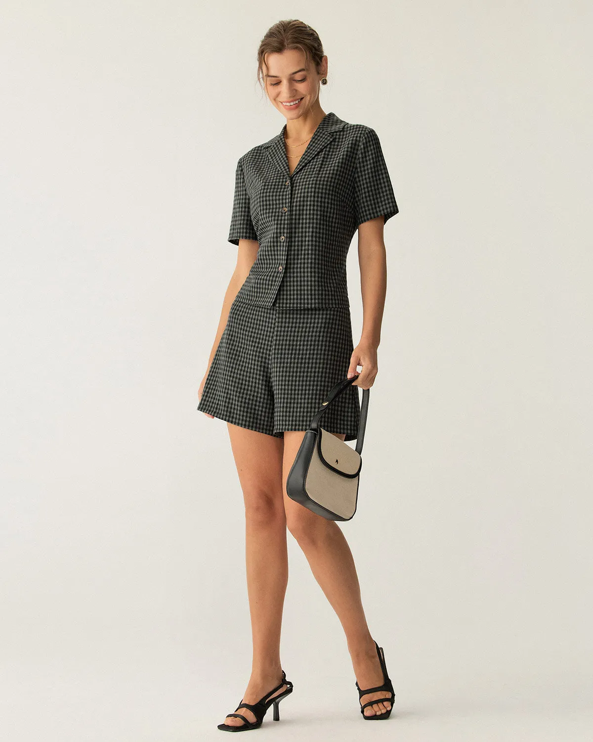 Grey Lapel Plaid Short Sleeve Blouse sold by rihoas product image thumbnail 5