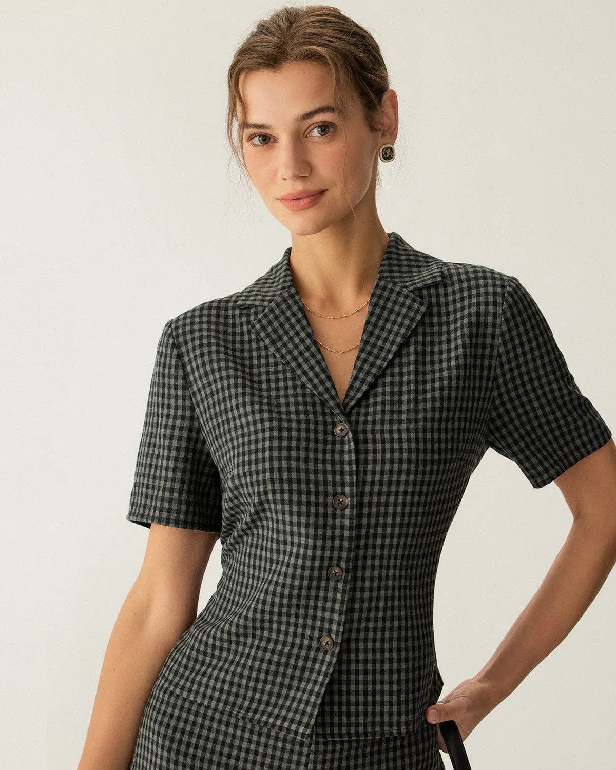 Grey Lapel Plaid Short Sleeve Blouse sold by rihoas product image thumbnail 3