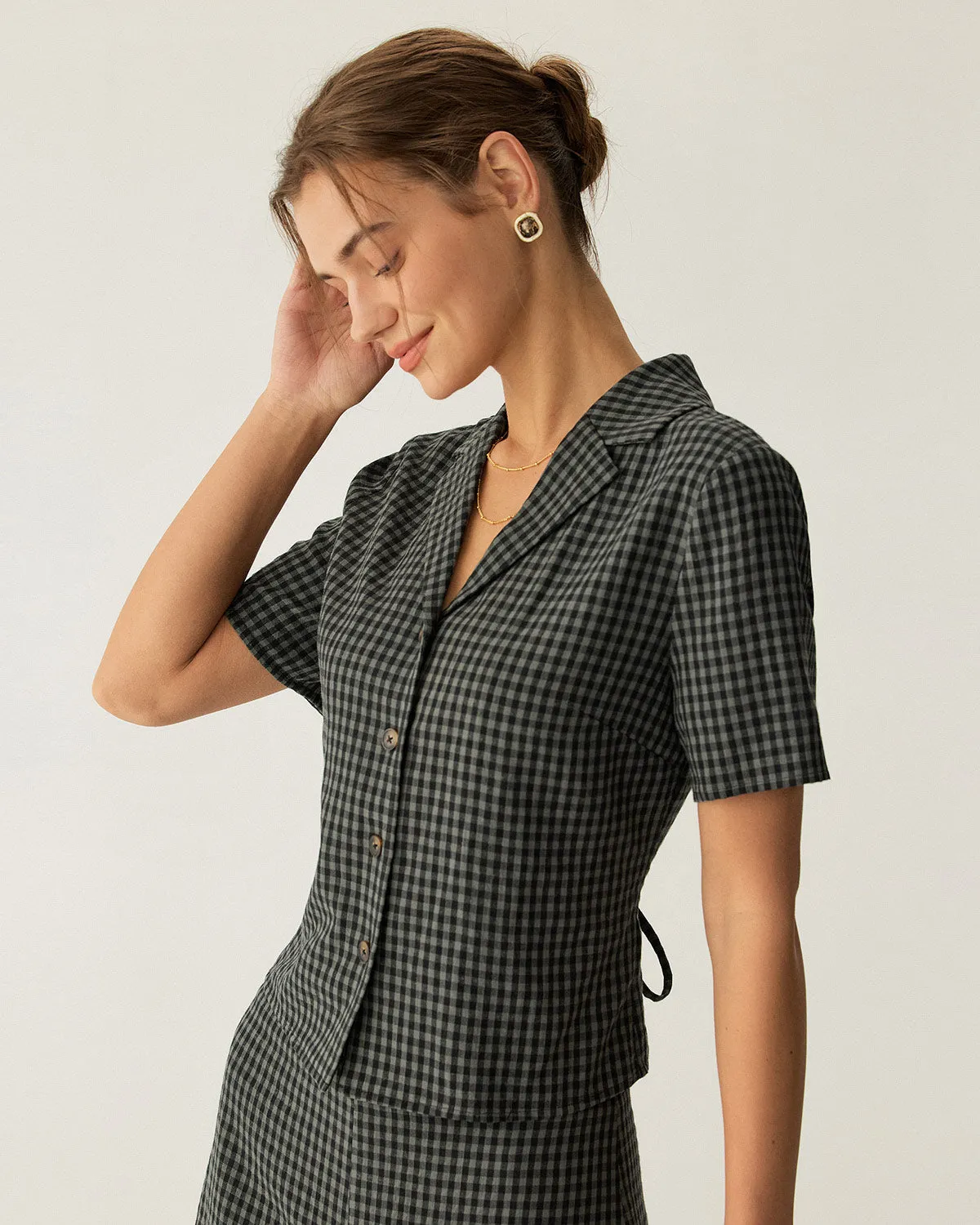 Grey Lapel Plaid Short Sleeve Blouse sold by rihoas product image thumbnail 4