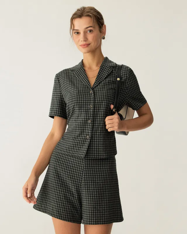 Grey Lapel Plaid Short Sleeve Blouse sold by rihoas