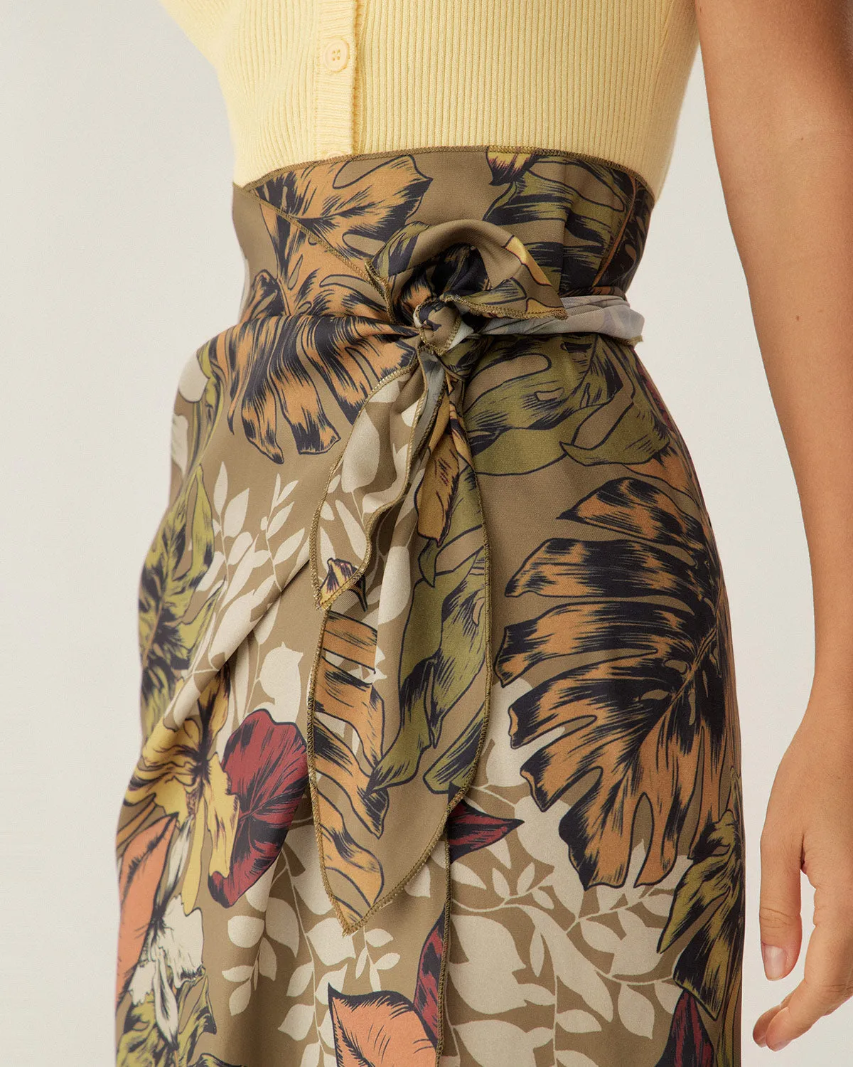 Khaki Floral High Waisted Wrap Midi Skirt sold by rihoas product image thumbnail 2