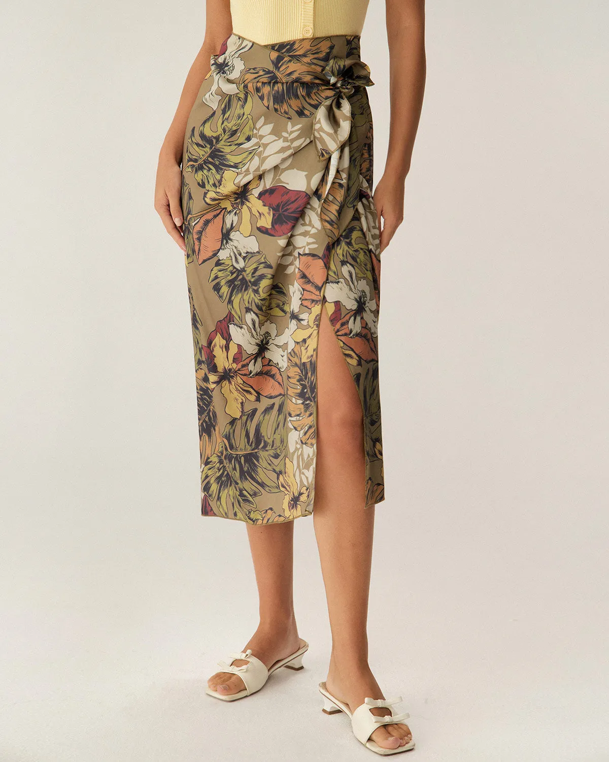 Khaki Floral High Waisted Wrap Midi Skirt sold by rihoas
