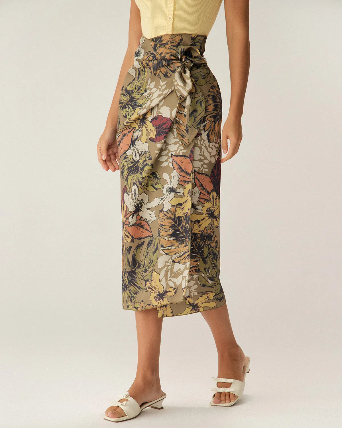 Khaki Floral High Waisted Wrap Midi Skirt sold by rihoas product image thumbnail 3
