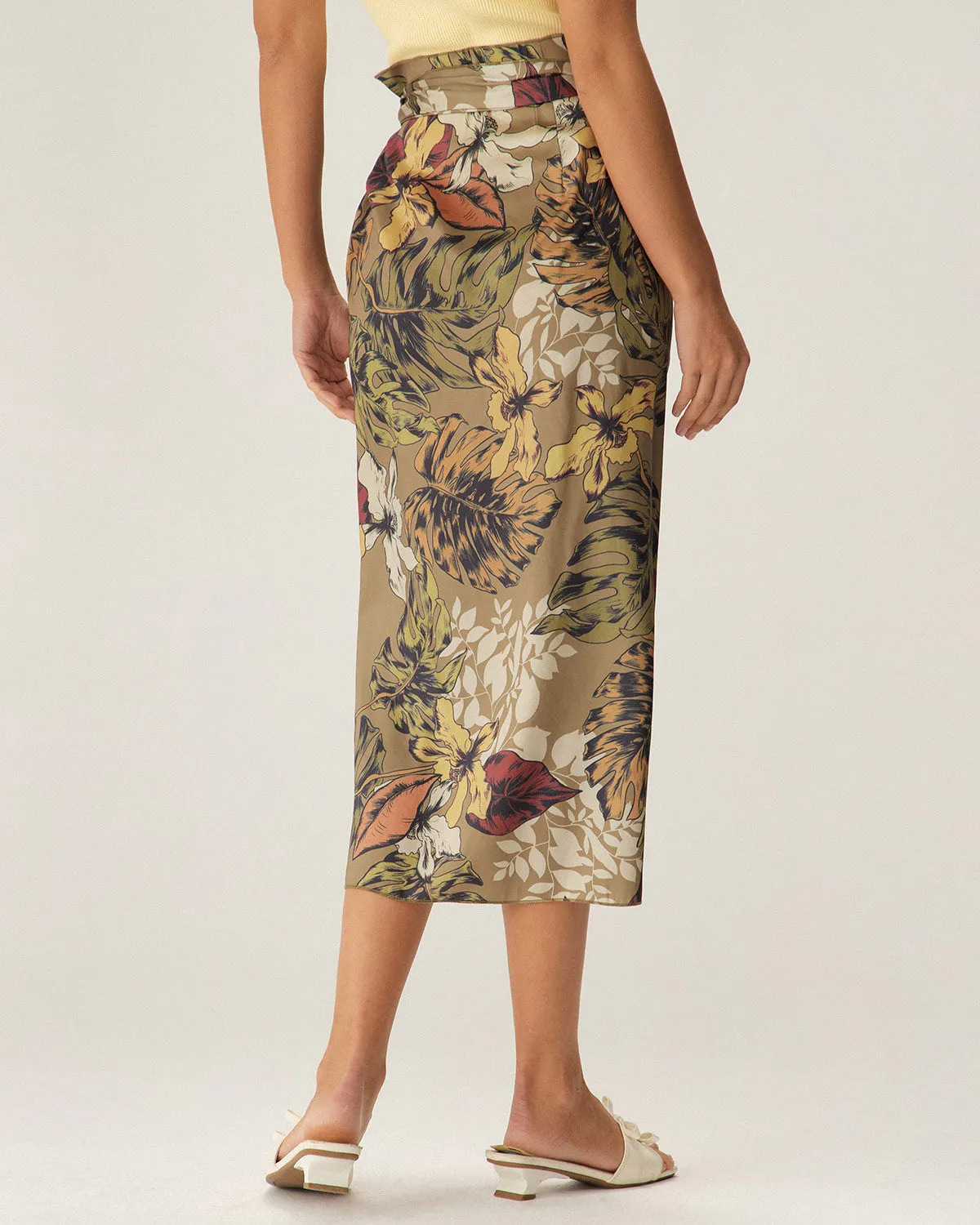 Khaki Floral High Waisted Wrap Midi Skirt sold by rihoas product image thumbnail 4