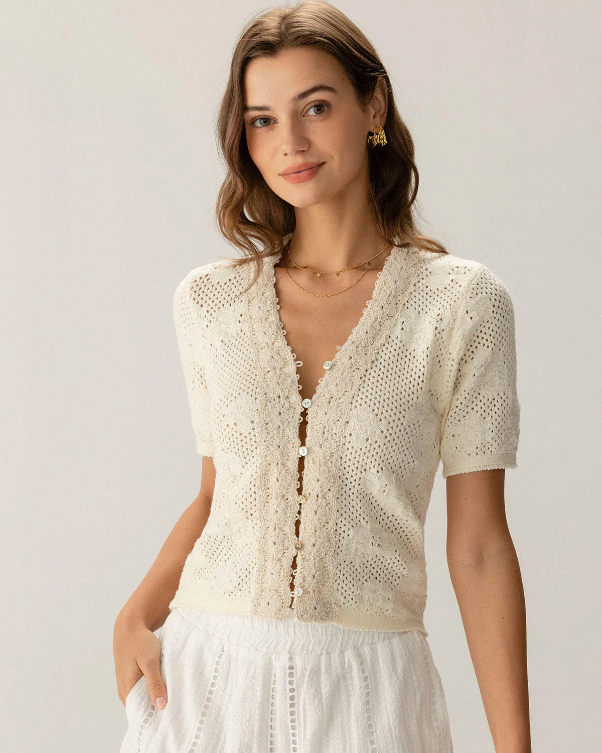 Beige Crochet Textured Cropped Cardigan sold by rihoas