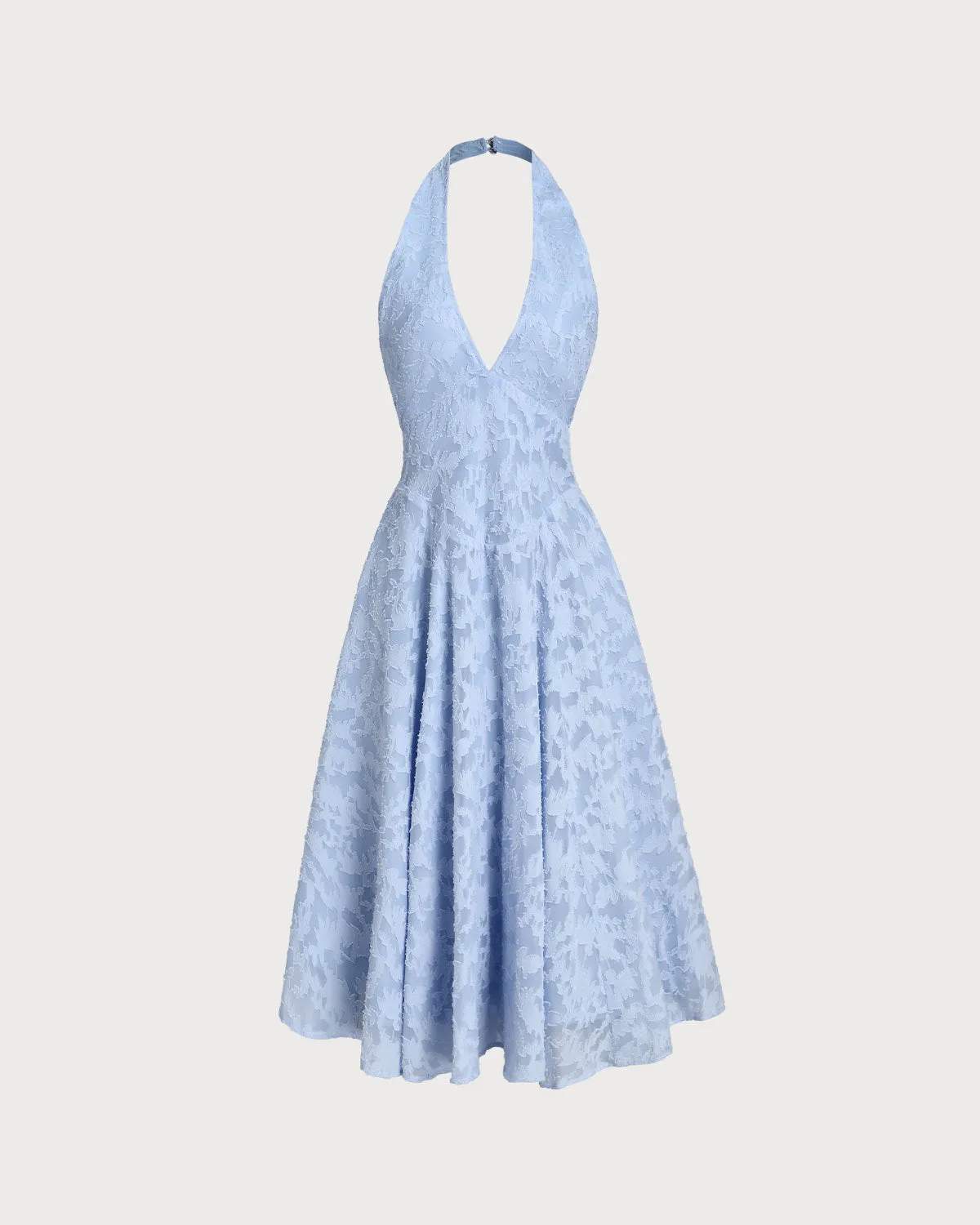 Blue Textured Backless Halter Midi Dress sold by rihoas